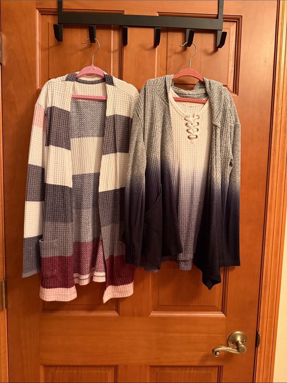 Justice Hooded Waffle Cardigan Duo - Gray, Cream & Pink Accents